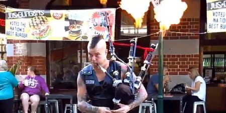Australian busker performs AC/DC’s Thunderstruck on flaming bagpipes
