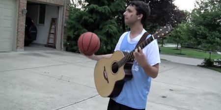 Video: Can you play a guitar while dribbling a basketball? This guy can…