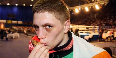 Pic: Jason Quigley with two shiners and a shiny gold medal