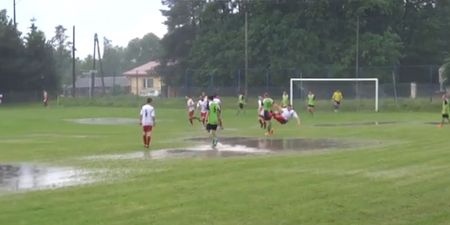 Polish footballer makes a splash with goal celebration – the waterbomb dive