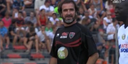 Video: Eric Cantona hits the crossbar with a rugby ball in a charity match