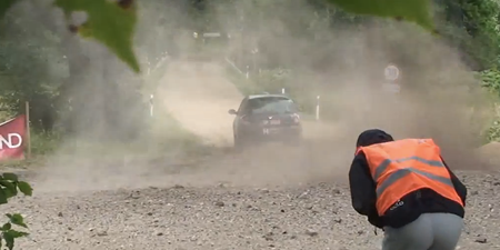 Video: Rally spectator gets hit in crotch by flying debris