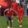 Thiago joins in Barcelona’s pre-game tiki-taka routine before their friendly against Bayern Munich