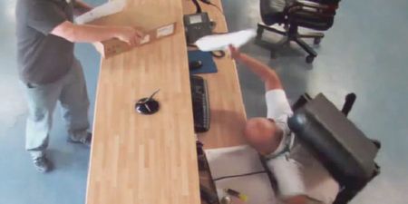 VIDEO: Cork lad really needs to be more chairful at work after falling over like an eejit