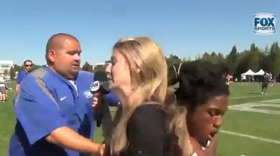 Video: Reporter gets cleaned out by an American football player