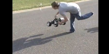 Video: Guy gets absolutely nailed by very high speed remote control car