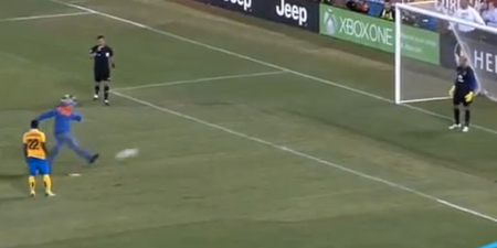 Video: Pitch invader takes the worst penalty kick of all time, but it leaves players in stitches