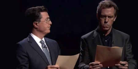 Video: Swearing with class, featuring Hugh Laurie and Stephen Colbert