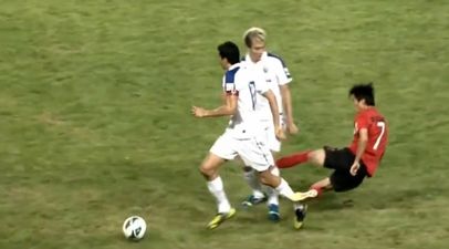 Video: Ridiculous red card as player lunges in only to miss his target and hit another player