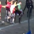 Video: Red carded player shows his frustration by kicking referee in the face
