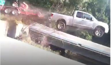 This vine of a truck flying off a road in the US is 100 per cent real and 100 per cent mental