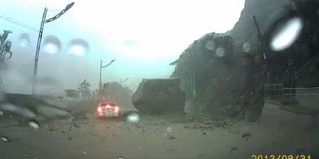 Video: Incredible footage from Taiwan as motorist escapes death from boulder by millimetres