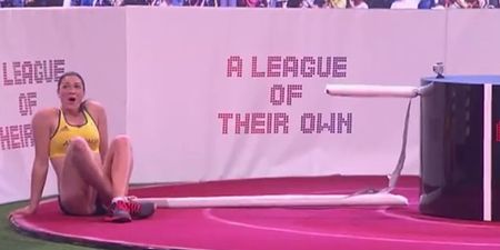 Video: Aussie hurdler Michelle Jenneke takes a tumble during A League of Their Own