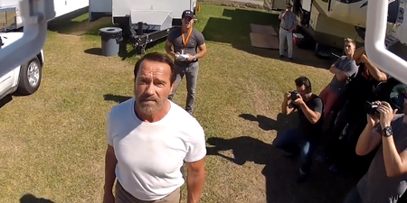 Video: Arnold Schwarzenegger gets pre-lit cigar flown in via helicopter