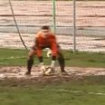 Video: Conveniently placed puddle prevents goal and prompts hilarious premature celebration in Lithuania