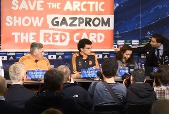 Video: Greenpeace unveil remote-controlled protest banner at Real Madrid press conference