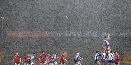 Hail, hail. Cracking snap of Munster duo battling the conditions in Thomond last night