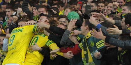GIF: Nantes striker’s goal celebration prompts mad avalanche of fans in the stands after last-gasp winner