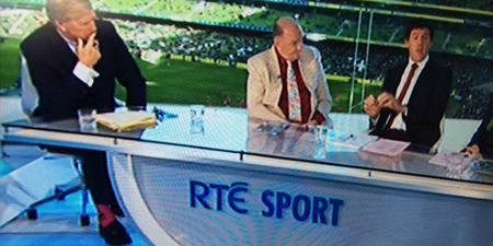 Pic: Tom McGurk tries to distract from George Hook’s suit with his funky socks