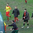Golaz-ow! Italian player celebrates goal by bizarrely headbutting dugout and getting sent off