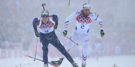 GIF: Premature celebration nearly costs Norwegian biathlete dearly at the Winter Olympics