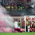 Video: Match abandoned in Turkey as fans throw bricks and flares at players