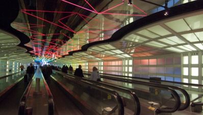 Pic: Incredible image as train derails at Chicago airport and travels halfway up an escalator
