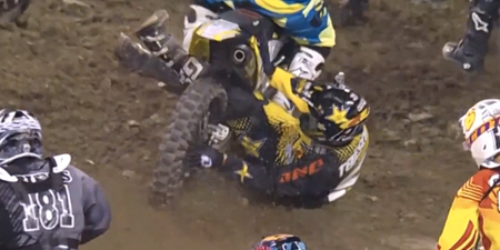 Video: Supercross rider gets legs trapped in competitor’s bike