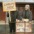 Pic: ‘Careful Now’. Irish lads display famous Father Ted placards at a protest in Taiwan