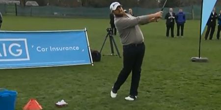 Video: Shane Lowry pings a beauty of a golf shot off a set of goalposts from the halfway line