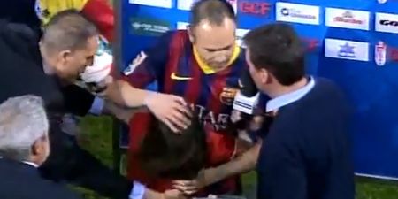 Video: A little girl gave Andres Iniesta a hug during his post-match interview last night… and just wouldn’t let him go