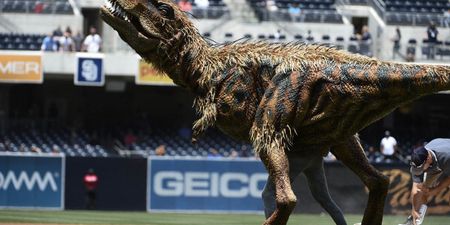 Video: Watch as a T-Rex ‘throws’ the first pitch at this baseball game