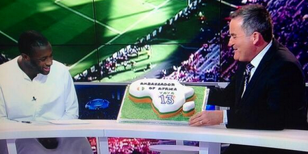 Pic: Richard Keys presents Yaya Touré with a birthday cake on beIN Sports