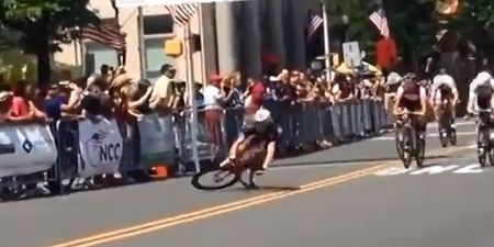 Video: Cyclist illustrates the painful consequences of taking your arms off the handlebars after winning a race