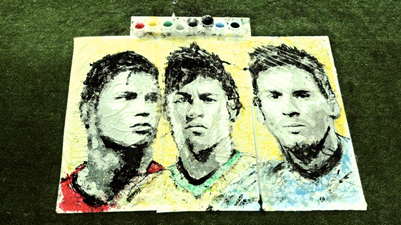 Video: Watch as Malaysian artist ‘Red’ paints portraits of Ronaldo, Neymar & Messi using a football