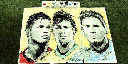Video: Watch as Malaysian artist ‘Red’ paints portraits of Ronaldo, Neymar & Messi using a football