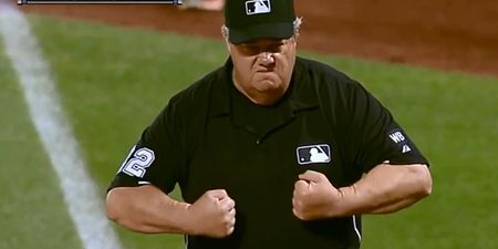 Video: Baseball umpire reacts to getting whacked with the ball in the chest in magnificent fashion