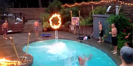 Video: A swimming pool, fire and nine lads create this amazing dunk in their backyard