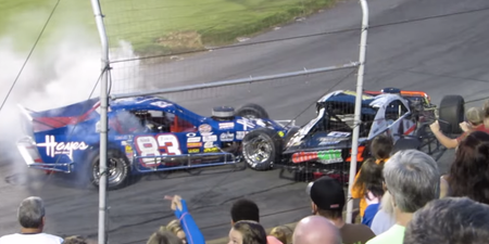 Video: Modified NASCAR race turns into destruction derby following minor crash