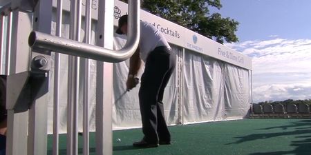 Not again! Mickelson hits the hospitality area for the second day in a row on the 5th hole at the Barclays
