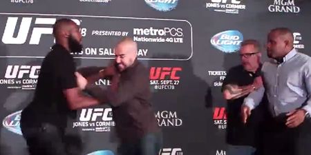 Video: Conor McGregor laughs as Jon Jones and Daniel Cormier fight at UFC 178 media day
