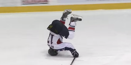 Video: Hockey player fantastically celebrates goal by sliding down the ice on his head