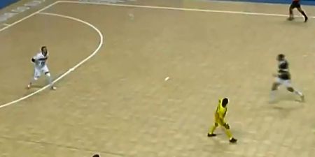 Video: Futsal player scores unbelievable back-heeled half-volley lob in Brazil