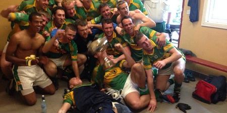 Pic: GAA goalkeeper in Cork celebrates with team-mates despite a broken tibia