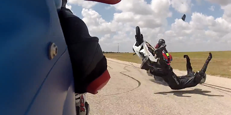 Video: Motorbike crash sees two riders flying over their handlebars