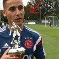 Video: Ajax player receiving goal of the month award upstaged by ‘keeper scoring amazing diving header in the background