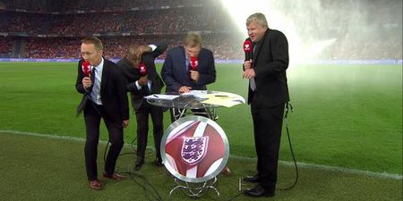 Vine: The ITV panel got absolutely soaked by the on-pitch sprinklers before the England game