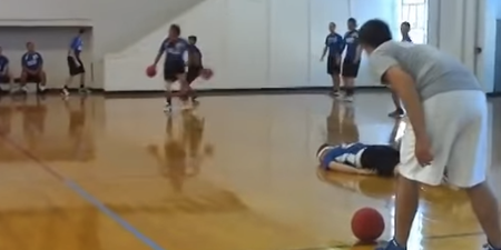 Video: Dodgeball player knocks himself out while making epic save