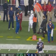 Video: NFL player knocks down security lady during the Jets v Patriots game last night