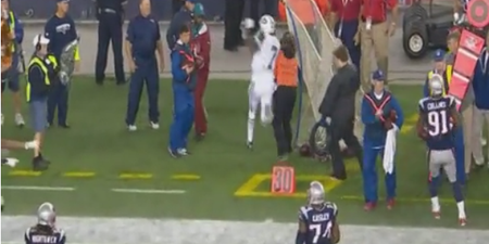 Video: NFL player knocks down security lady during the Jets v Patriots game last night